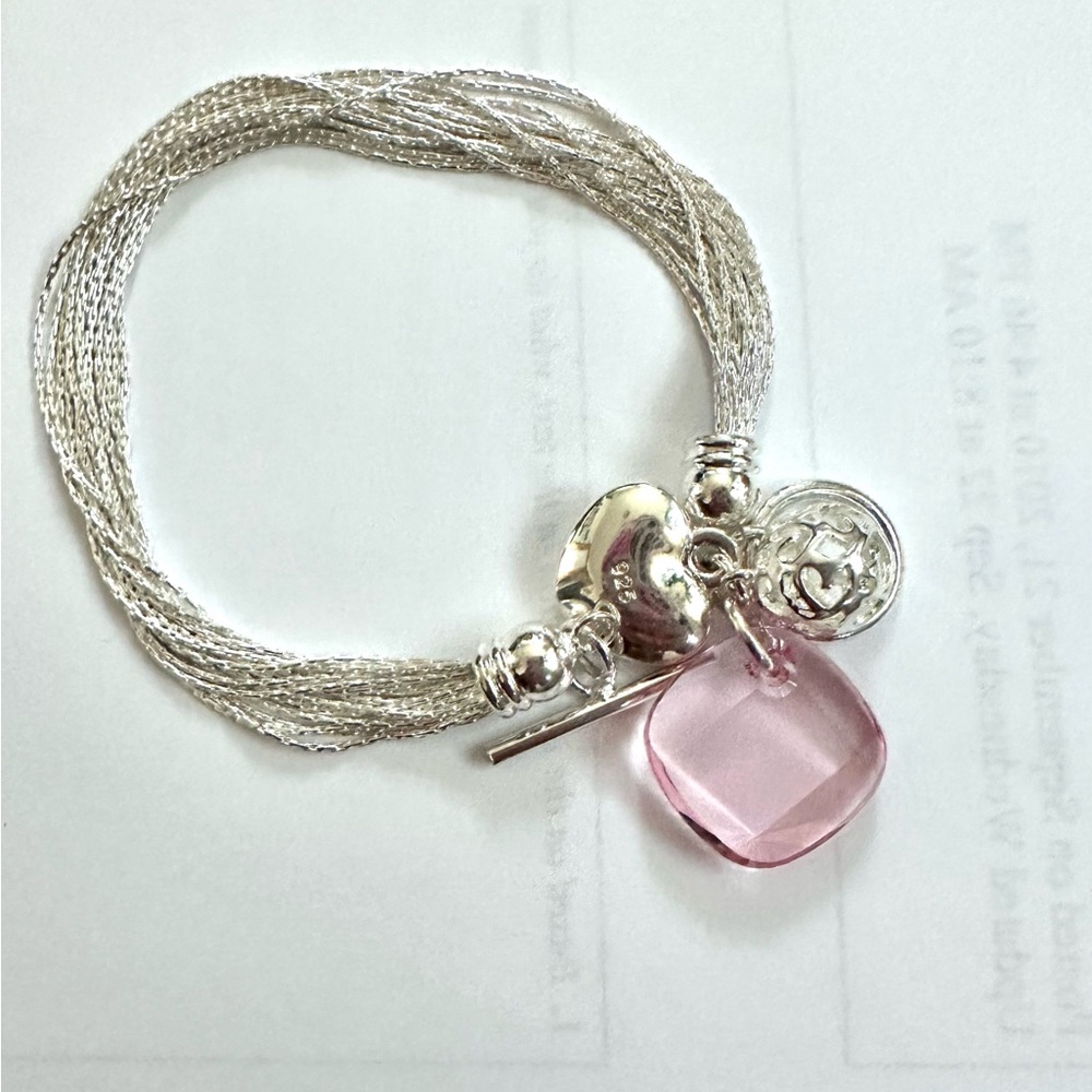 NEW 925 Swarovski ♥️ Heart Canada Pink crystal Sterling Silver charm bracelet 7”